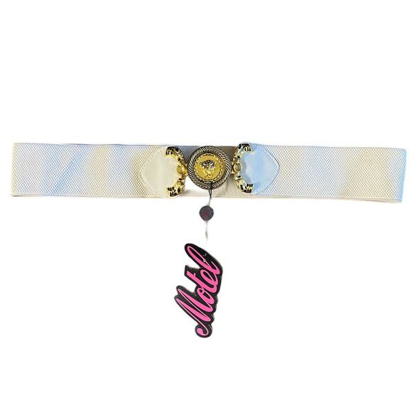 Vintage 80s motel cheetah head buckle gold tone Ivory Stretch belt Sz L - Picture 1 of 11